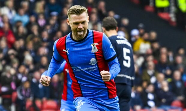 Billy Mckay celebrates the first of his two goals for Inverness in the Scottish Cup semi-final against Falkirk. Image: SNS