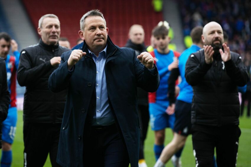 Caley Thistle manager Billy Dodds celebrates at full-time in the semi-final win over Falkirk.