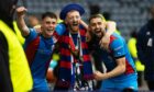 Cameron Harper, David Carson and Robbie Deas celebrate following Caley Thistle's Scottish Cup semi-final win over Falkirk. Image: SNS