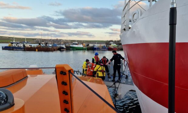 Passengers were evacuated from the MV Pentalina on Saturday evening. Image: RNLI Longhope Lifeboat/Facebook.