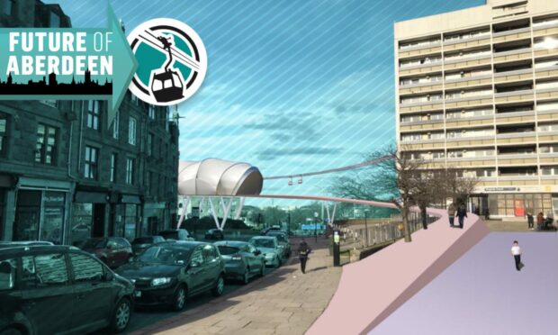 Plans for a cable car from Aberdeen beach to the Castlegate could include a station on the Justice Port roundabout at the top of the Beach Boulevard. Image: Skyline/DC Thomson.