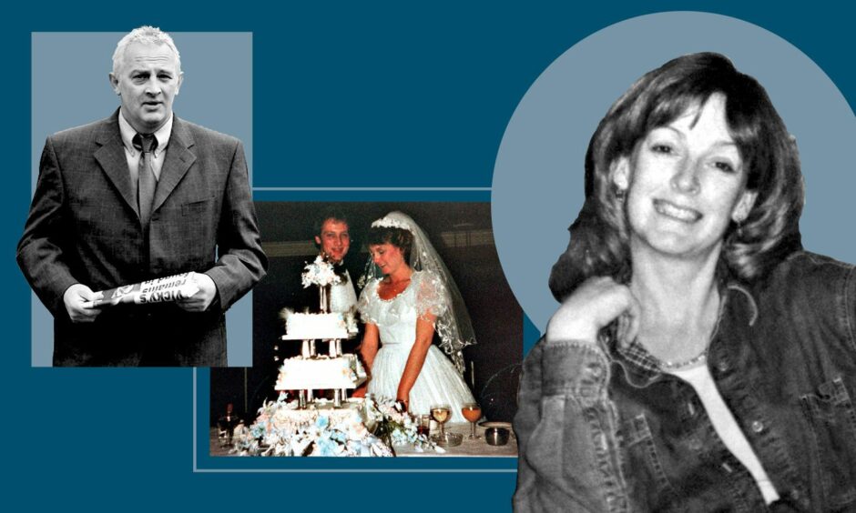 Arlene Fraser, right, Nat Fraser, left, and the couple at their wedding in the middle