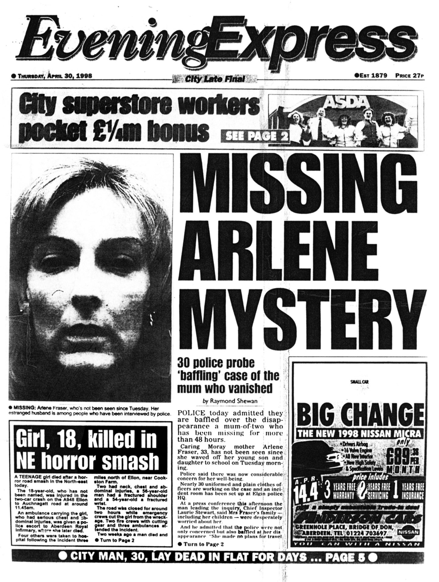 Evening Express front page featuring Arlene Fraser's disappearance on April 30,1998