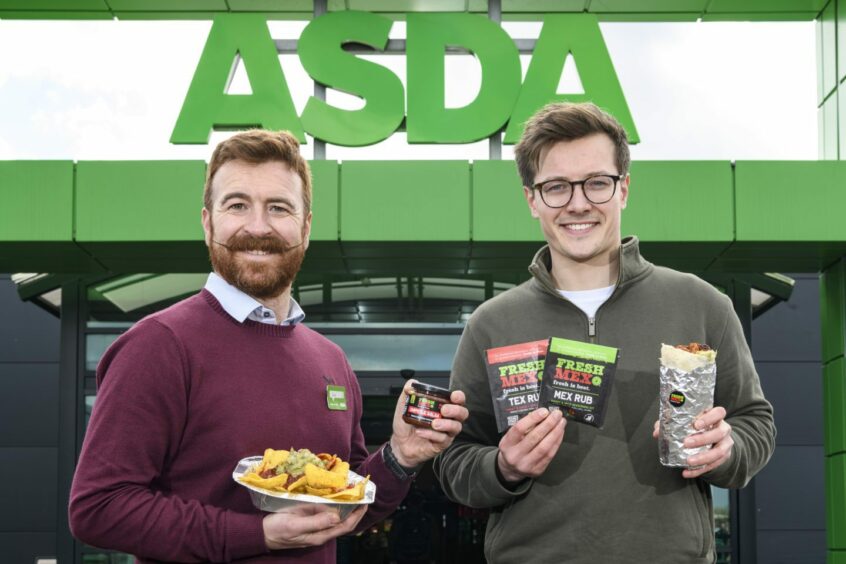 David Nimmons, left, holding a portion of FreshMex nachos and salsa with Freshmex founder Robbie Moult, right, holding the brand's rubs and a burrito in front of an Asda