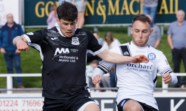 Rory MacEwan, left, in action for Elgin City against Forfar Athletic. Image: Bob Crombie