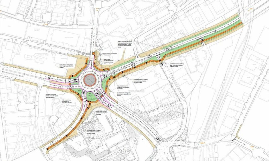 A bird's eye view of the planned changes at the Beach Boulevard roundabout in Aberdeen. Planning documents show the proposed new bike lanes - in orange - and pedestrian areas marked in yellow. Green sections highlight planned spots for trees and landscaping. Image: Aberdeen City Council.
