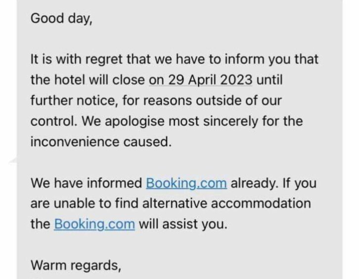 Email sent out to Eight Acres Hotel guests cancelling their room ahead of MacMoray Festival.