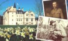 Brodie Castle surrounded by daffodils and Major Ian Brodie, 24th Laird of Brodie. Image: National Trust for Scotland