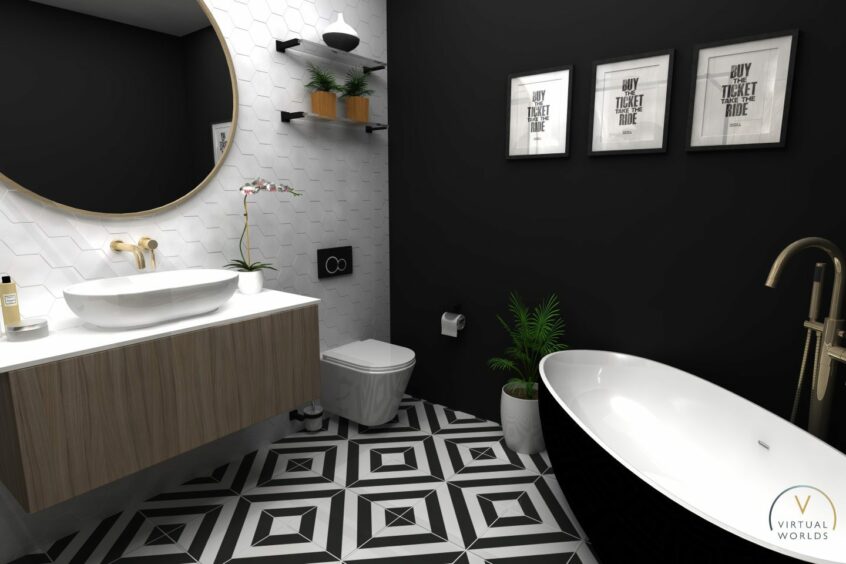 4D visualisation shows bathroom sink, floor tiles and tub