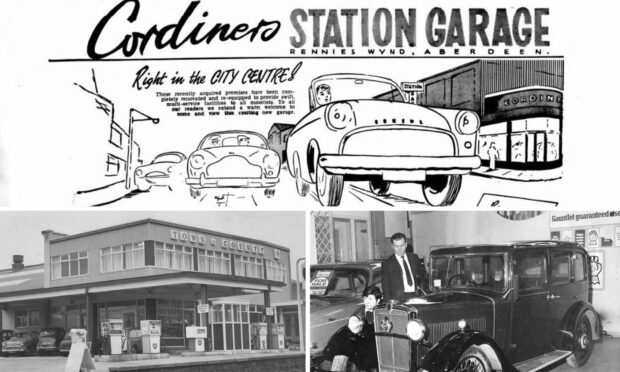 An advert for Cordiners Garage from 1959 and, inset, the new facade of the Town and County garage on Justice Mill Lane in 1967. Image: DC Thomson