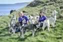 Graham and Sandra Robinson with their five rescue sled dogs, Dashik,Tulok,Zienna,Tikanni and Storm, pictured in Burghead. Image: Jason Hedges/DCThomson