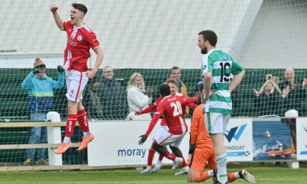 Buckie Thistle players are left devastated as Brechin City celebrate scoring at Victoria Park. Pictures by Jason Hedges