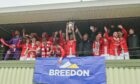Brechin City lift the Breedon Highland League trophy after their victory against Buckie Thistle. Pictures by Jason Hedges