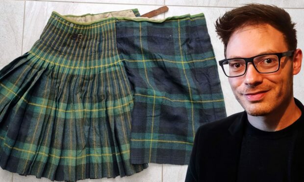 Jelle Angillis with the WWI Gordon Highlanders kilt worn by Elgin soldier, Private John Fordyce.