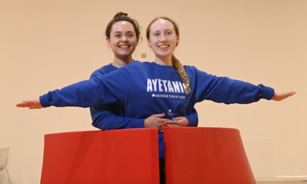 Your heart will go on... Katy Johnson and Meg Stanger during rehearsals for this year's Aberdeen Student Show, Ayetanic, coming to His Majesty's Theatre. Image: Kenny Elrick/DC Thomson