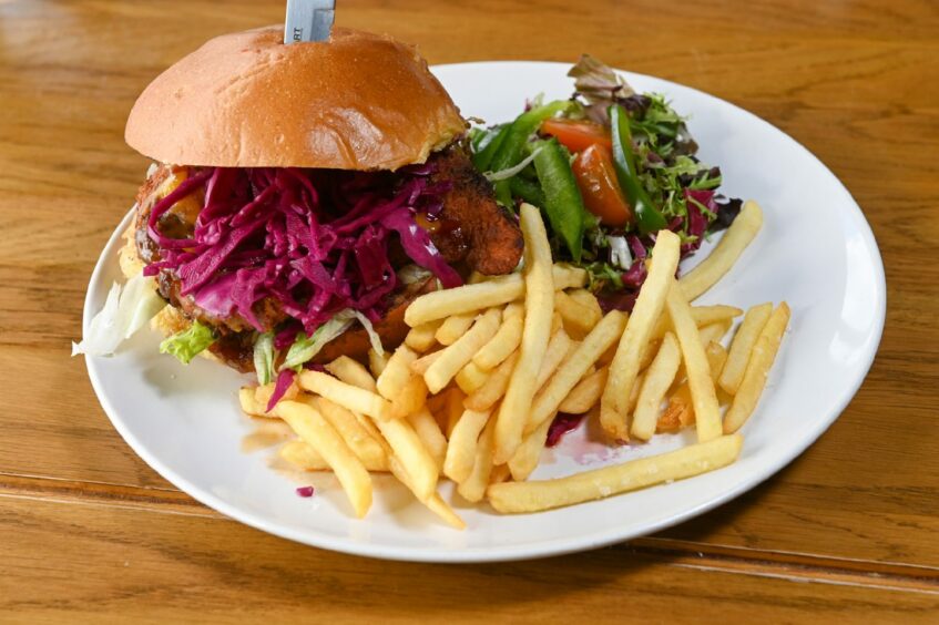 Hot Honey burger with salad and skinny fries from The Feed Baron