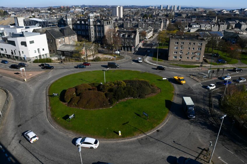 The Justice Street roundabout is being eyed for a major revamp to improve walking and cycling links from Aberdeen city centre to the beach. Image: Kenny Elrick/DC Thomson