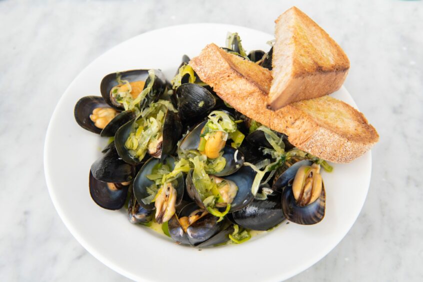 Shetland mussels served in a cider, leek and apple dressing.