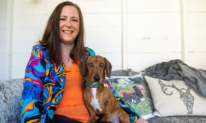 Courage on the Catwalk model Naomi Mearns at home with her dog Snoop Dog.