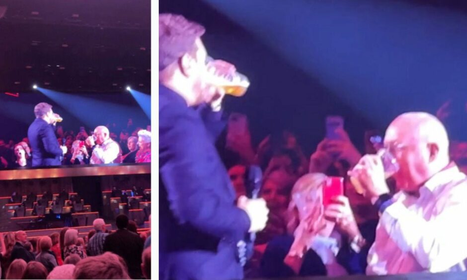 Michael Bublé and fan Lindsay Bartlet having a pint together in the middle of the show at P&J Live in Aberdeen.