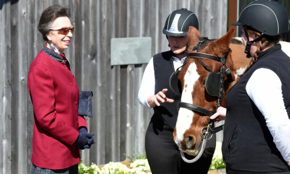Princess Anne meets Red the cob horse at Lochaber Rural Education Trust.