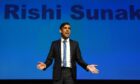 Prime Minister Rishi Sunak speaking on the first day of the Scottish Conservative party conference at the Scottish Event Campus (SEC) in Glasgow. Image: PA.