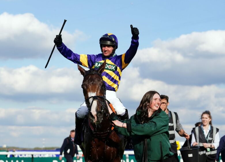 Corach Rambler and jockey Derek Fox after winning the Grand National at Aintree Racecourse, Liverpool. Picture by David Davies/PA Wire for The Jockey Club.
