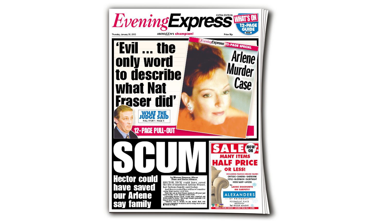 A front page from the Evening Express covering Nat Fraser's trial verdict. 