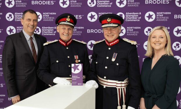 (l-r): Russell Borthwick, Chief Executive of Aberdeen & Grampian Chamber of Commerce, David Cameron, Lord-Lieutenant of Aberdeen, and Sandy Manson, Lord-Lieutenant of Aberdeenshire, and Susie Mountain, Partner, Brodies