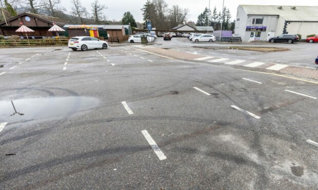Tyre marks and litter have been left across the Bellfield car park in Banchory. Image: Scott Baxter/DC Thomson