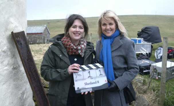 Alison O'Donnell and Ashley Jensen on the set of BBC series Shetland. Image: BBC.