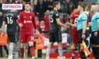Assistant Referee Constantine Hatzidakis shakes hands with Jakub Kiwior of Arsenal, while Andrew Robertson of Liverpool (in red) reacts (Image: Paul Greenwood/Shutterstock)