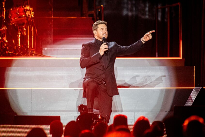 Michael Bublé pointing at the crowd during his performance at P&J Live in Aberdeen.