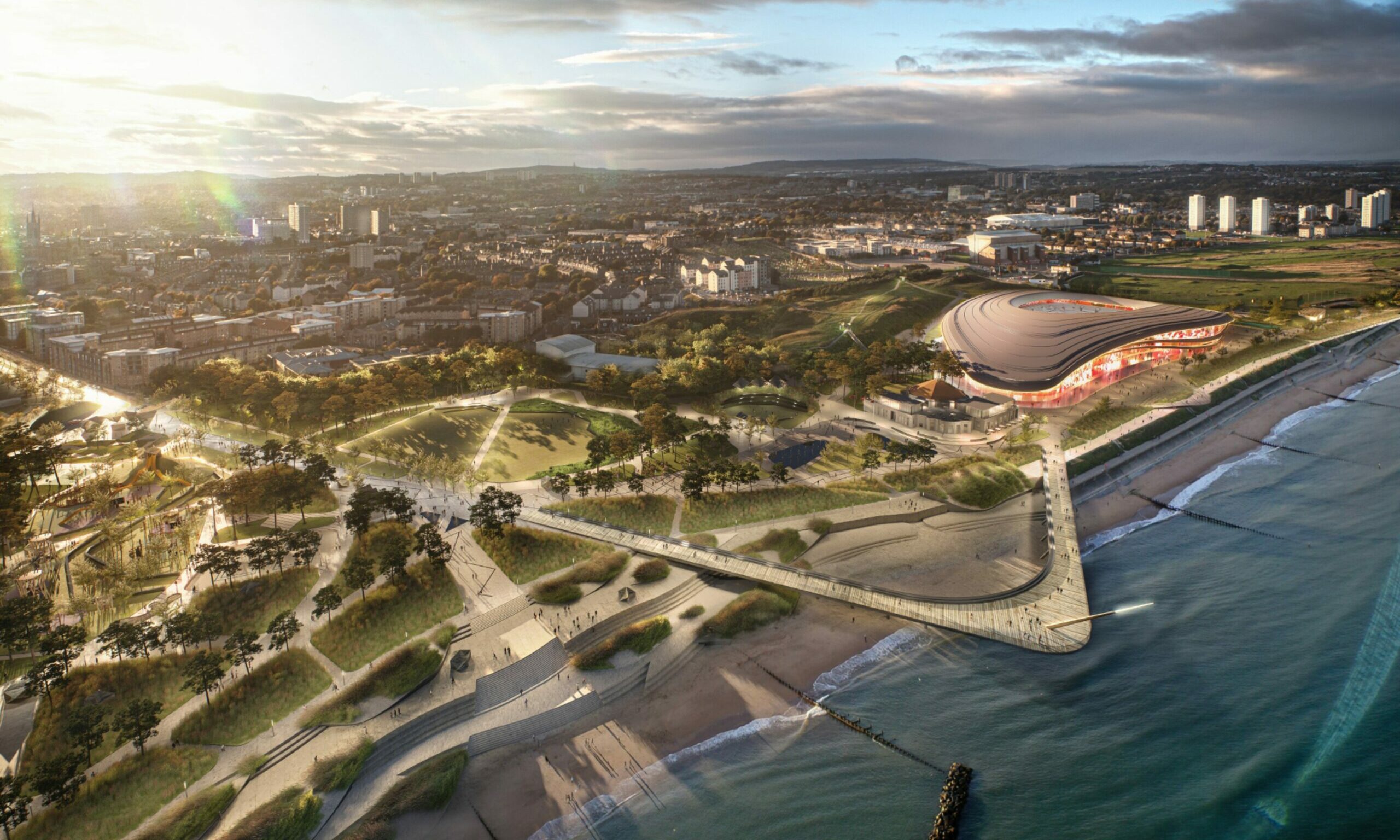 An impression of how a new Aberdeen stadium could sit along the seafront