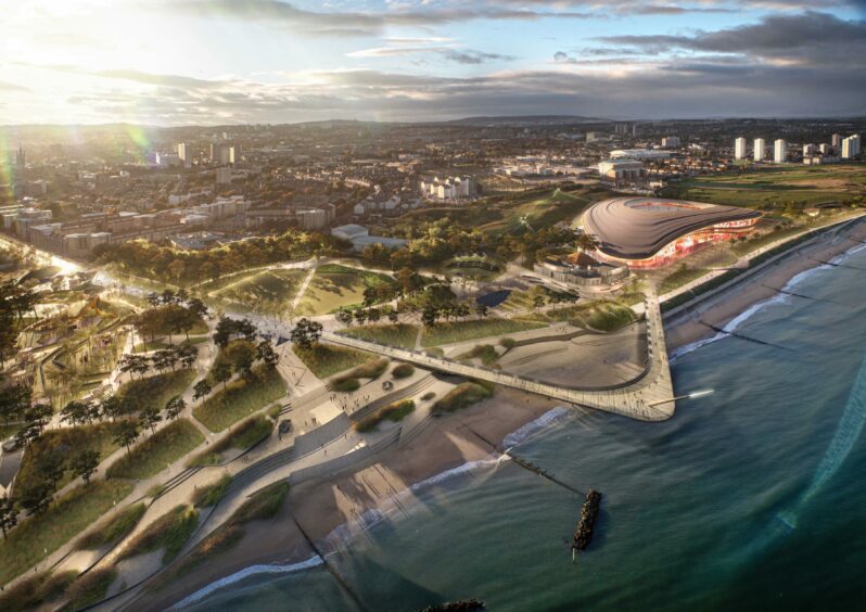 Glossier design images of the Aberdeen beachfront regeneration - featuring a boardwalk and new football stadium - were released in 2021. Image: Aberdeen City Council.
