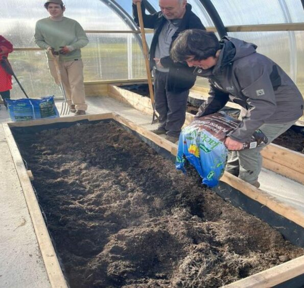 People planting seeds in a polytunnel.