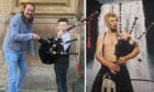 Piping school lecturer Ross Ainslie with 11-year-old Seorus McKerron, and Aberdeen punk piper Dod Copland depicted in a painting.