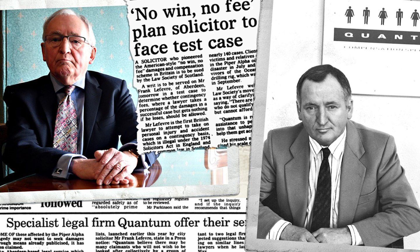 Collage of Frank Lefevre featuring an older and younger version of himself alongside newspaper clippings about his life and career.