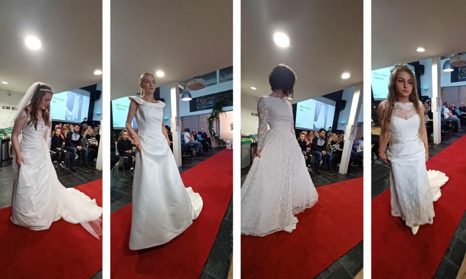 Front view of the bridal dresses modelled by UHI west highland students