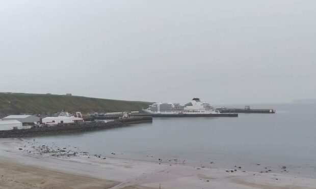 The first cruise liner of the season docked in Scrabster today. Image: Ian Grant News Agency.