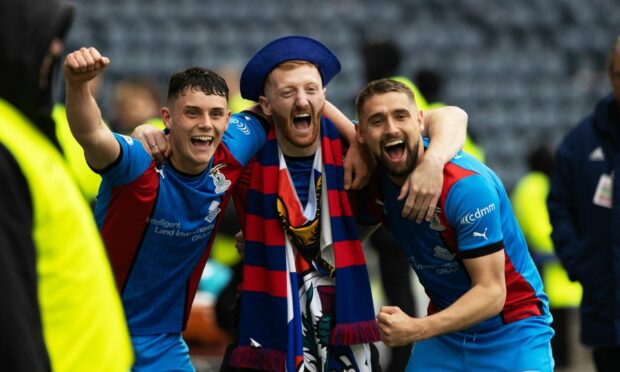 ICT's Cammy Harper, David Carson and Robbie Deas celebrate the 3-0 Scottish Cup semi-final win against Falkirk. Image: SNS