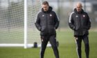 Barry Robson and assistant Steve Agnew during an Aberdeen training session at Cormack Park. Image: SNS