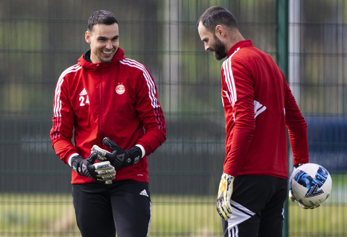 Kelle Roos and Joe Lewis during an Aberdeen training session at Cormack Park.
