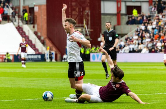 Aberdeen penalty claim as Marley Watkins goes down under a tackle from Peter Haring. Image: SNS