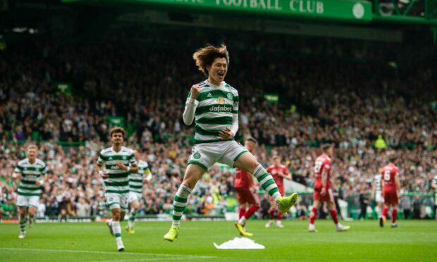 Celtic's Kyogo Furuhashi celebrates scoring to make it 2-0 against Aberdeen. Photo SNS
