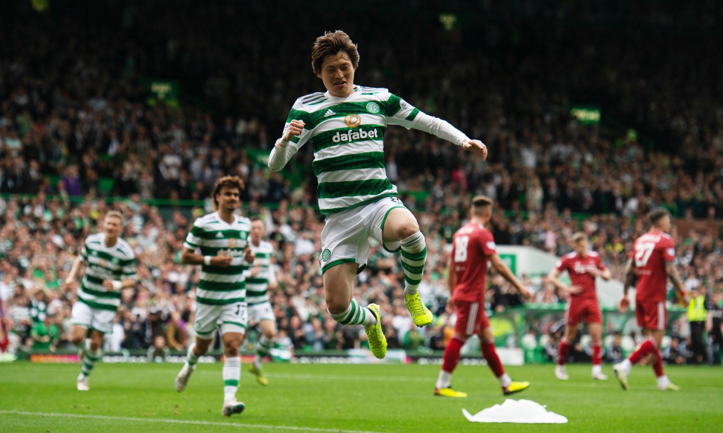 Celtic's Kyogo Furuhashi celebrates scoring to make it 2-0. 