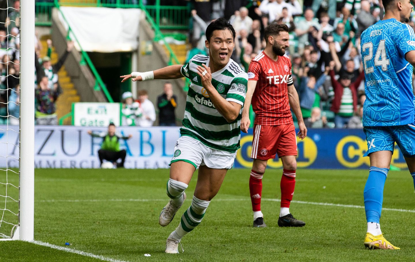  Celtic's Oh Hyeon-gyu celebrates after scoring to make it 5-0 against Aberdeen.