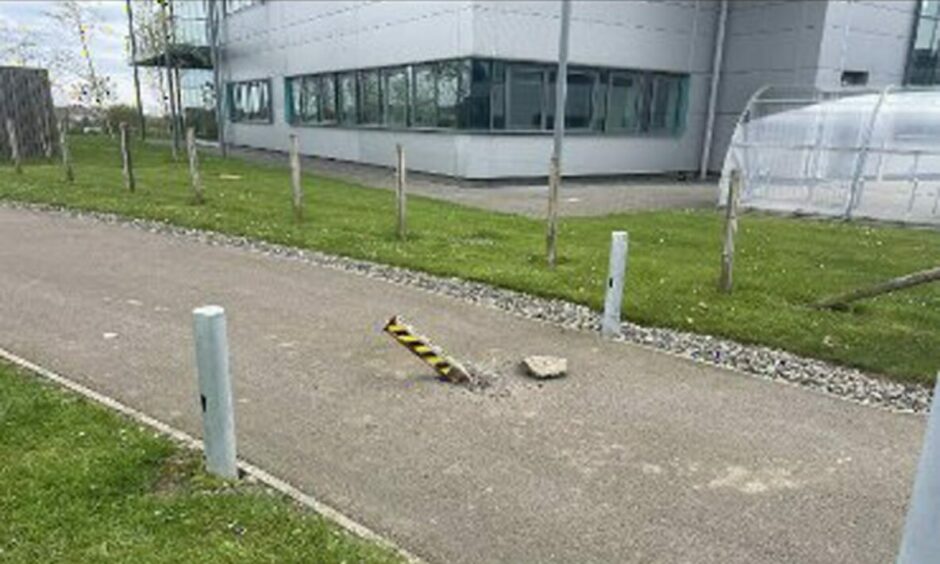 A bollard that was damaged at the Gateway Business Park in Aberdeen. Image: Kelly Wilson. 