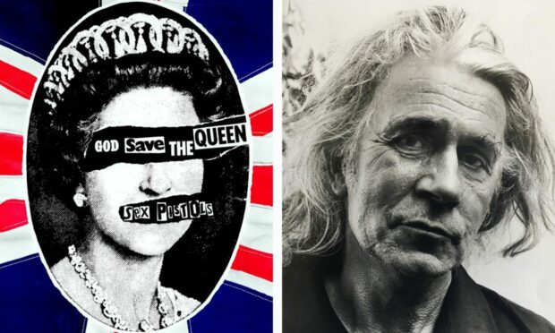 Sex Pistols artist Jamie Reid and the cover art for God Save The Queen.