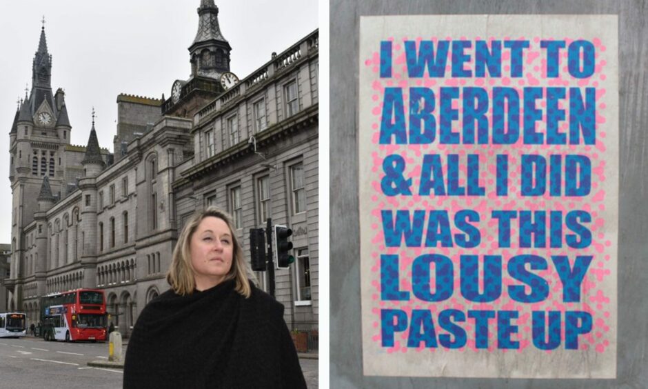 Aida Wilde pictured on Aberdeen's Castlegate and one of her posters.